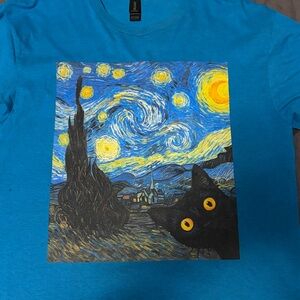 Gildan Turquoise Crewneck T-Shirt Van Gogh Kitty